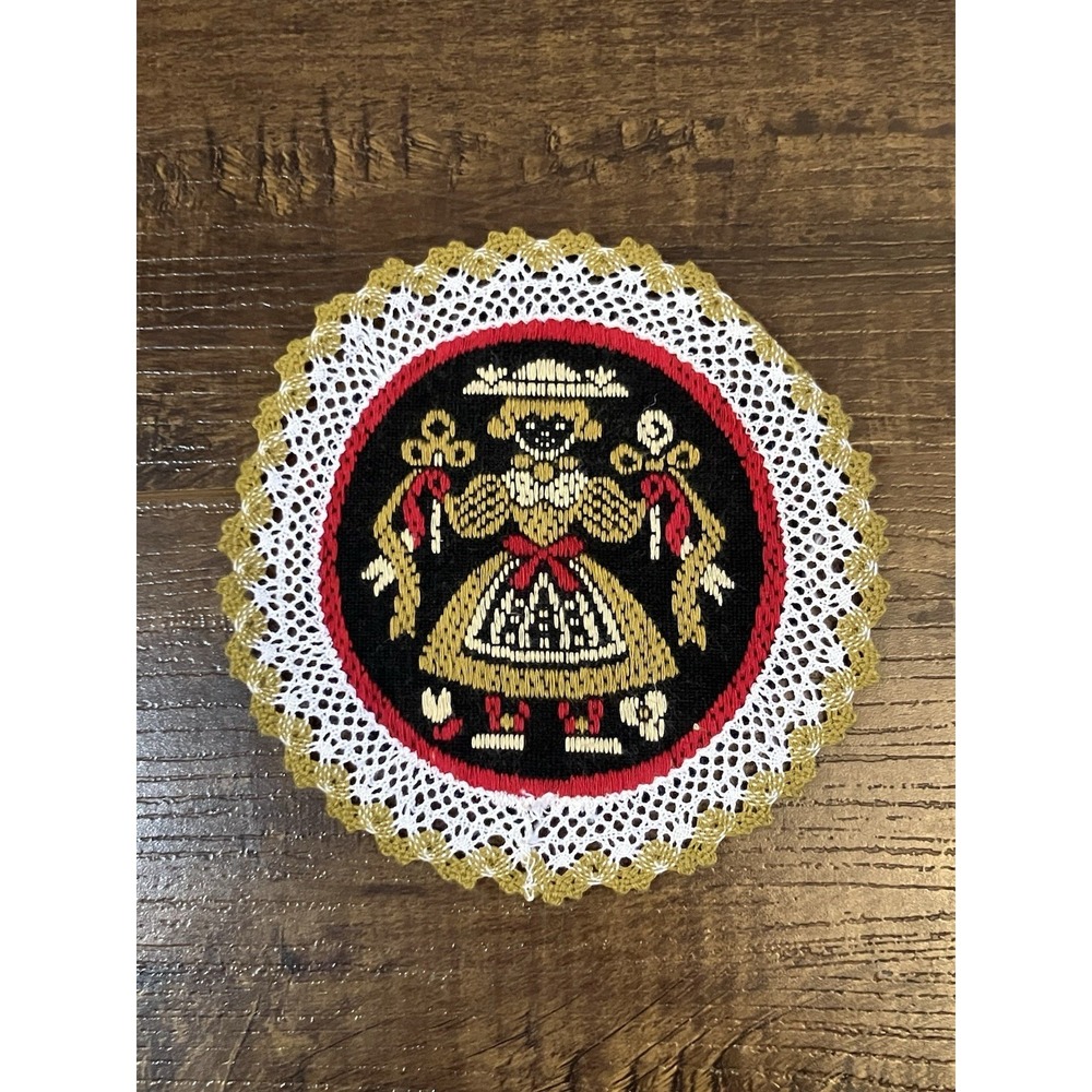 Vintage Austrian Needlepoint Doily Girl Folk Art Lace Edge Hand Embroidered 5"